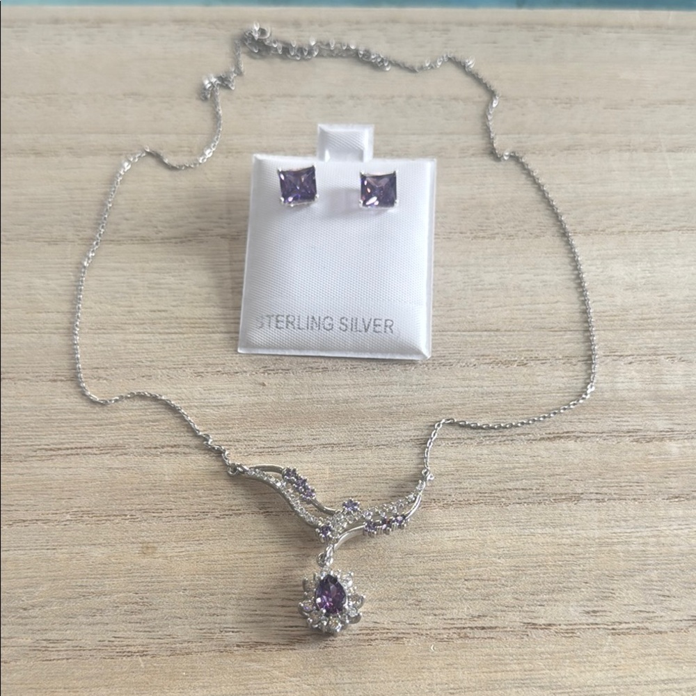 .924 Sterling Silver and Amethyst Necklace and Earring Set